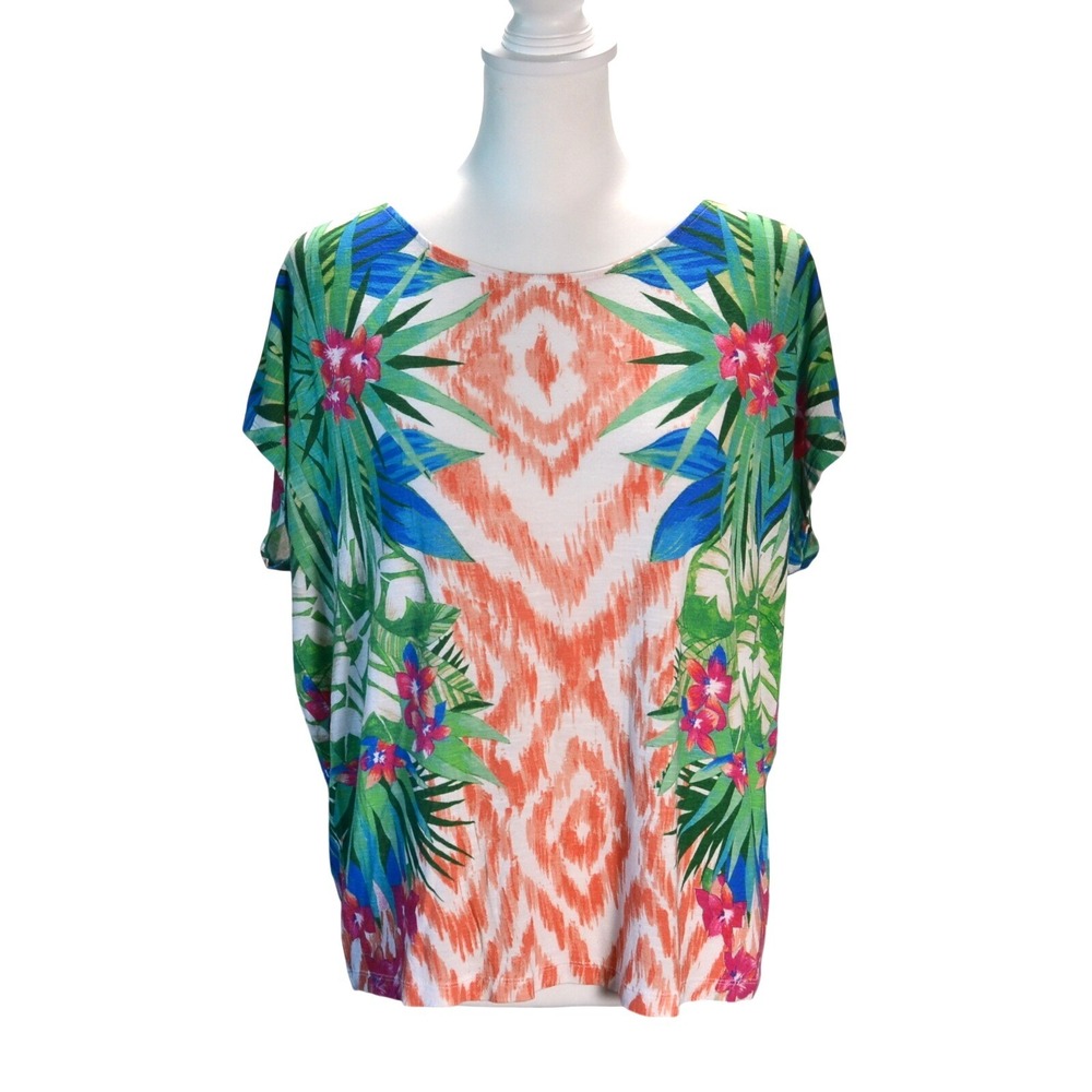 Chico's 2 Tropical Floral Ikat Top casual summer Multicolor Dolman Stretch Large